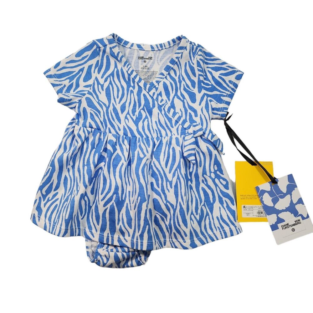 Diane Von Furstenberg Blue Sea Twig Knee Length Faux Wrap Dress NWT
